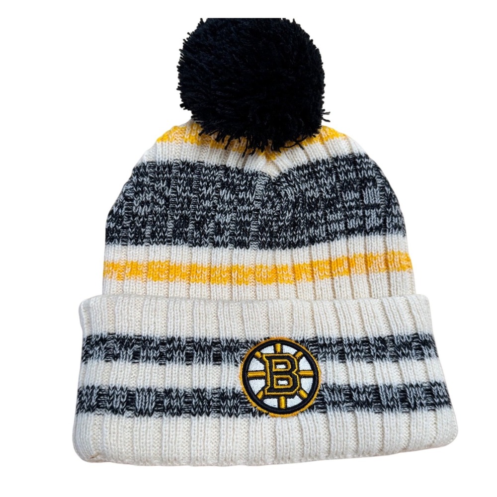 Boston Bruins NHL Knit Cuffed Beanie Pom Hat Cream Black Gold Striped Men Women